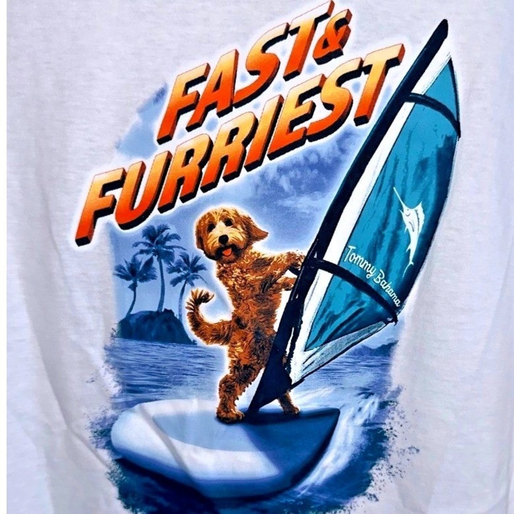 Tommy Bahama Small Mens White T-shirt Fast & Furriest Surfing Dog Graphic Tee